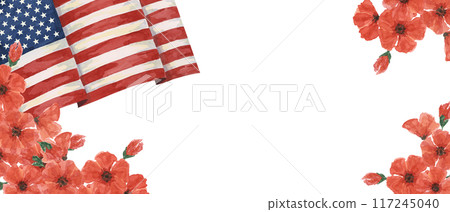 Memorial Day banner. US flag, red poppy flower, we are closed template. Hand drawn watercolor home of the brave card, remember and honor banner, web announcement, commemorative event, flyer, sale Memorial Day banner. US flag, red poppy flower, we are closed template. Hand drawn watercolor home of the brave card, remember and honor banner, web announcement, commemorative event, flyer, sale 117245040
