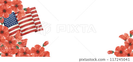 Memorial Day banner. US flag, red poppy flower, we are closed template. Hand drawn watercolor home of the brave card, remember and honor banner, web announcement, commemorative event, flyer, sale 117245041