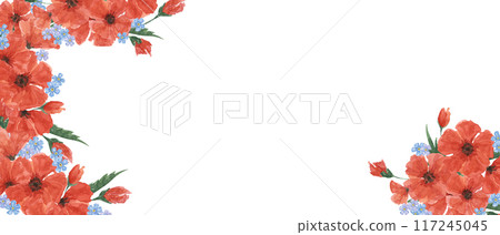 Red poppies and forget-me-nots banner. Poppy day flower compositions. Hand drawn watercolor illustration for card, web banners, commemorative events, US memorial day, Anzac day, flyers, banners, sale 117245045