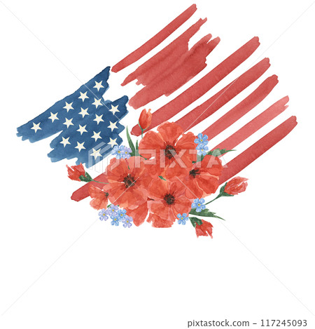 Memorial Day clipart. US flag, red poppy flower, forget-me-not, scorpion grasses . Patriotic hand drawn watercolor home of the brave card, remember and honor banner, commemorative events, flyer, sale Memorial Day clipart. US flag, red poppy flower, forget-me-not, scorpion grasses . Patriotic hand drawn watercolor home of the brave card, remember and honor banner, commemorative events, flyer, sale 117245093