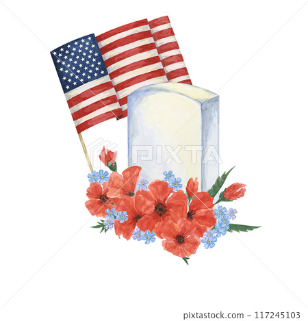 Memorial Day clipart. US flag, red poppy flower, soldiers grave, forget-me-not . Patriotic hand drawn watercolor home of the brave card, remember and honor banner, commemorative events, flyer, sale Memorial Day clipart. US flag, red poppy flower, soldiers grave, forget-me-not . Patriotic hand drawn watercolor home of the brave card, remember and honor banner, commemorative events, flyer, sale 117245103