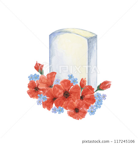 Memorial Day clipart. Red poppy flower, soldiers grave, forget-me-not . Anzac day. Patriotic hand drawn watercolor home of the brave card, remember and honor banner, commemorative events, flyer, sale Memorial Day clipart. Red poppy flower, soldiers grave, forget-me-not . Anzac day. Patriotic hand drawn watercolor home of the brave card, remember and honor banner, commemorative events, flyer, sale 117245106