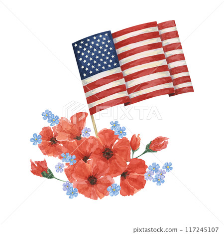 Memorial Day clipart. US flag, red poppy flower, forget-me-nots. Patriotic hand drawn watercolor home of the brave card, remember and honor banner, commemorative events, veteran salute flyer, sale 117245107