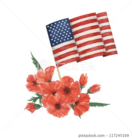 Memorial Day clipart. US flag, red poppy flower, forget-me-nots. Patriotic hand drawn watercolor home of the brave card, remember and honor banner, commemorative events, veteran salute flyer, sale 117245109