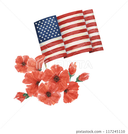Memorial Day clipart. US flag, red poppy flower, forget-me-nots. Patriotic hand drawn watercolor home of the brave card, remember and honor banner, commemorative events, veteran salute flyer, sale 117245110