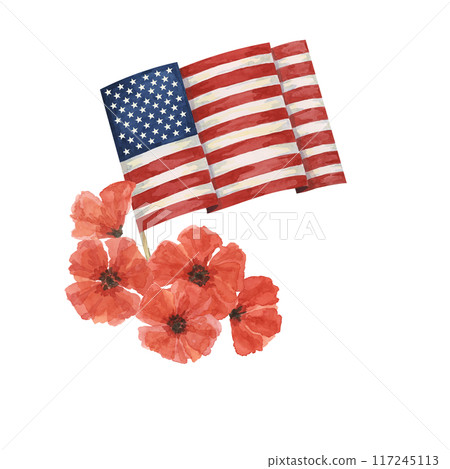 Memorial Day clipart. US flag, red poppy flower, forget-me-nots. Patriotic hand drawn watercolor home of the brave card, remember and honor banner, commemorative events, veteran salute flyer, sale Memorial Day clipart. US flag, red poppy flower, forget-me-nots. Patriotic hand drawn watercolor home of the brave card, remember and honor banner, commemorative events, veteran salute flyer, sale 117245113
