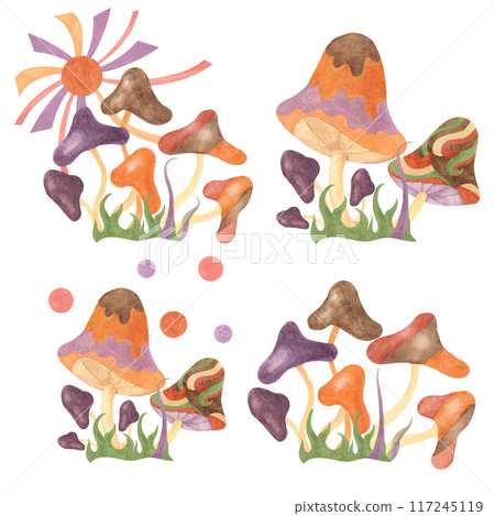Retro hippie sun, clouds, grass and fly agaric mushrooms 70s style. Hippie psychedelic groovy fungus clipart set. Watercolor composition for flower power sticker, nostalgic flyer print, quote, t-shirt 117245119