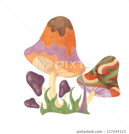 Retro hippie mushroom and grass in 70s style. Hippie psychedelic groovy fungus clipart. Watercolor indie illustration for flower power sticker, nostalgic design, printing, quote, t-shirt cartoon style 117245121