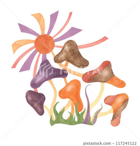 Retro hippie mushroom and sun in 1970s style. Hippie psychedelic groovy fungus clipart. Watercolor indie illustration for flower power sticker, nostalgic design, printing, quote, t-shirt cartoon style Retro hippie mushroom and sun in 1970s style. Hippie psychedelic groovy fungus clipart. Watercolor indie illustration for flower power sticker, nostalgic design, printing, quote, t-shirt cartoon style 117245122