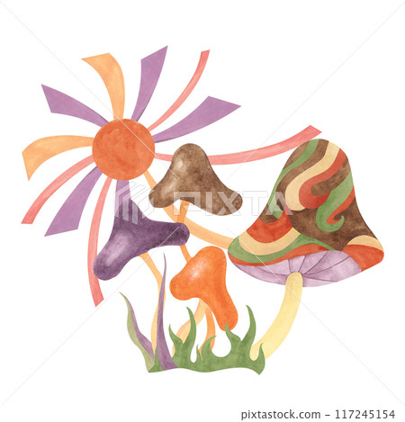 Retro hippie mushroom and sun in 1970s style. Hippie psychedelic groovy fungus clipart. Watercolor indie illustration for flower power sticker, nostalgic design, printing, quote, t-shirt cartoon style Retro hippie mushroom and sun in 1970s style. Hippie psychedelic groovy fungus clipart. Watercolor indie illustration for flower power sticker, nostalgic design, printing, quote, t-shirt cartoon style 117245154