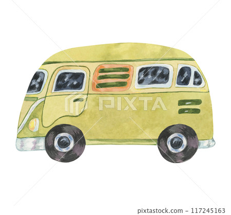 Green vintage camper van. Groovy retro car. Children's drawing wagon, Classic bus vehicle watercolor in nostalgic cartoon style for summer beach holidays stickers, road trip flyers, printing, nursery Green vintage camper van. Groovy retro car. Children's drawing wagon, Classic bus vehicle watercolor in nostalgic cartoon style for summer beach holidays stickers, road trip flyers, printing, nursery 117245163
