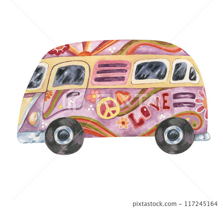 Hippie vintage camper van with flowers. Groovy purple retro bus car for flower power road trip. Trippy watercolor drawing, cartoon style for printing, travel with peace sign, daisies, sun and waves Hippie vintage camper van with flowers. Groovy purple retro bus car for flower power road trip. Trippy watercolor drawing, cartoon style for printing, travel with peace sign, daisies, sun and waves 117245164