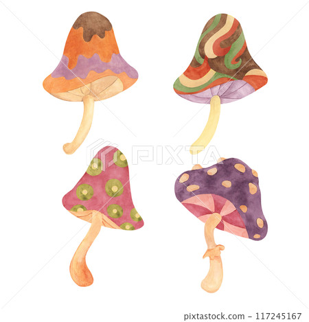 Hippie psychedelic magic mushroom in 70s style. Vintage groovy fungi nostalgic clipart. Watercolor fairytale fly agaric funky illustration for printing, trippy stickers, flyers, indie t-shirts, labels Hippie psychedelic magic mushroom in 70s style. Vintage groovy fungi nostalgic clipart. Watercolor fairytale fly agaric funky illustration for printing, trippy stickers, flyers, indie t-shirts, labels 117245167