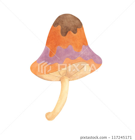 Hippie psychedelic magic mushroom in 70s style. Vintage groovy toadstool nostalgic clipart. Watercolor fairytale fungus funky illustration for printing, trippy stickers, flyers, indie t-shirts, labels 117245171