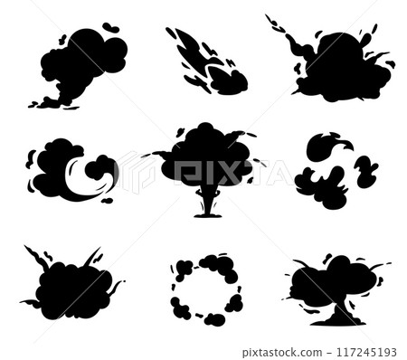 Explosion set. Black silhouette of exploding and smoking. Dust and mist, comic smoke flows and clouds, Wind steaming. Exploded dynamite or nuclear bombs icons design, vector isolated illustration Explosion set. Black silhouette of exploding and smoking. Dust and mist, comic smoke flows and clouds, Wind steaming. Exploded dynamite or nuclear bombs icons design, vector isolated illustration 117245193