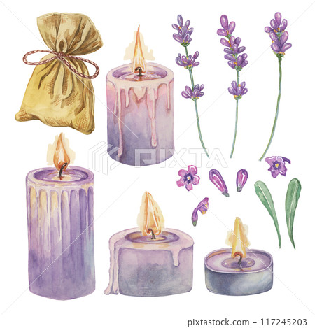 Lavender aromatherapy set with lilac candles, flowers and sachet for home fragrance. Home spa fragrance watercolor illustration. Clipart bundle of organic beauty, cosmetic, store label elements 117245203