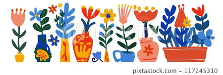 Abstract plant set. Kids ornament, flower illustration naive, art elements, graphic isolated decor. Simple color, garden spring and summer, design doodle isolated elements. Vector cartoon background Abstract plant set. Kids ornament, flower illustration naive, art elements, graphic isolated decor. Simple color, garden spring and summer, design doodle isolated elements. Vector cartoon background 117245310