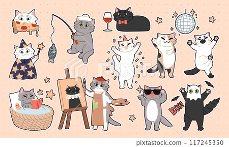 Cute cat sticker. Funny pets. Happy kittens play. Birthday fun. Kitty life. Animals draws and eats. Painting on easel. Sleepy mammal relax. Halloween masquerade. Vector cartoon feline characters set 117245350