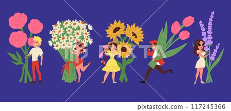 people with flowers. Holding person bouquet. People and huge object. Icon cute meadow tulips and lavender green abstract design. Nature concept man, girl and floral garden. Vector cartoon isolated set people with flowers. Holding person bouquet. People and huge object. Icon cute meadow tulips and lavender green abstract design. Nature concept man, girl and floral garden. Vector cartoon isolated set 117245366