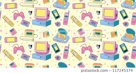 Seamless game pattern. Y2k devices. Hand drawn console. Vintage kids computer. Repeated print. Cartoon retro smartphone. Video gaming. PC screen button. 90s gadgets. Audio cassette. Vector background 117245374