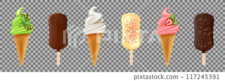Ice cream realistic. Popsicle pistachio, strawberry and vanilla. Eskimo with chocolate. Cafe food, cold milk dessert with nuts, flavor dairy. Waffle cones and sticks, vector isolated icons restaurant Ice cream realistic. Popsicle pistachio, strawberry and vanilla. Eskimo with chocolate. Cafe food, cold milk dessert with nuts, flavor dairy. Waffle cones and sticks, vector isolated icons restaurant 117245391