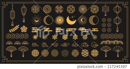 Chinese pattern element. Cloud Japanese, Asian flower, sun moon and oriental clouds, Japan ornament, Korean golden decor, china icon design, symbol frame, tradition gold line. Vector tidy label set Chinese pattern element. Cloud Japanese, Asian flower, sun moon and oriental clouds, Japan ornament, Korean golden decor, china icon design, symbol frame, tradition gold line. Vector tidy label set 117245397