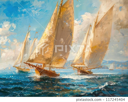 Sailboats glide across sparkling waters under a bright sky, their billowing sails catching the afternoon breeze in a picturesque setting. 117245404