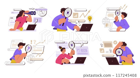 Search. Business design, online people with binoculars and magnifier working on laptop, web work information. SEO system. Manager finding. Research character, internet job. Vector illustration flat Search. Business design, online people with binoculars and magnifier working on laptop, web work information. SEO system. Manager finding. Research character, internet job. Vector illustration flat 117245408