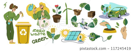 Sustainable eco technology. Environment conservation. ESG energy. Ecology friendly car. Electric transport. Green Earth. Clean electricity generation. Garbage recycle. Vector ecological elements set 117245419
