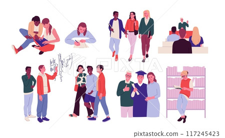 Students life. University education. College classmates. Young people group with graduate hats. Study campus. Teacher at blackboard. Online training course. School classroom. Vector school friends set Students life. University education. College classmates. Young people group with graduate hats. Study campus. Teacher at blackboard. Online training course. School classroom. Vector school friends set 117245423
