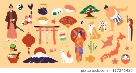 Japan collage. Travel landmark. Japanese samurai. Geisha woman kimono. Tea cup. Akita dog. Koi fish. Asian food. Fuji mountain. Pagoda torii. Traditional souvenir.  cartoon country elements set 117245425