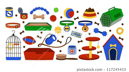Pet goods. Dog or cat icon food, toy and house, care vet, animal bed and accessory. Kitten and puppy training, canine supplies cage stuff. Veterinary store. Vector zoo tidy object, cartoon flat style 117245433