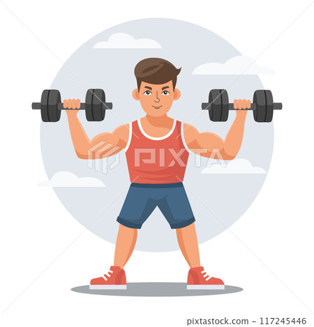 Young man with dumbbells. Sportsman training. Healthy lifestyle. Physical activity concept. Flat style illustration Young man with dumbbells. Sportsman training. Healthy lifestyle. Physical activity concept. Flat style illustration 117245446
