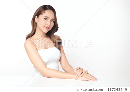 Beautiful young asian woman with clean fresh skin on white background, Face care, Facial treatment, Cosmetology, beauty and spa, Asian women portrait. 117245549