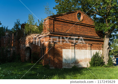 A ruined red brick stable. The Kostrovitsky manor house. 19th century buildings A ruined red brick stable. The Kostrovitsky manor house. 19th century buildings 117245629
