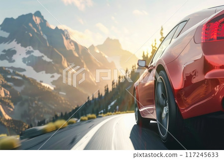 A sleek, modern car navigates a scenic mountain road with stunning peaks illuminated by the setting sun. A sleek, modern car navigates a scenic mountain road with stunning peaks illuminated by the setting sun. 117245633