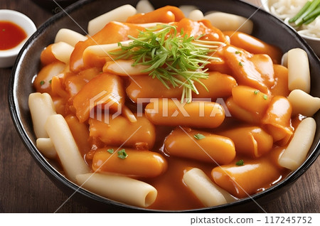 Tteokbokki, A popular Korean street food consisting of chewy rice cakes cooked in a spicy sweet sauce made from gochujang, offering a flavorful and satisfying dish. AI Generated 117245752