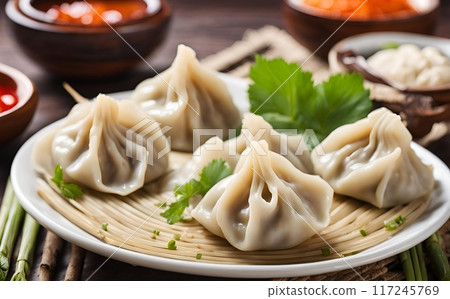 Momo dumpling steamed savory dumplings are filled with flavorful ingredients like vegetables or meat, offering a bite-sized, deliciously tender and satisfying culinary experience. AI Generated 117245769
