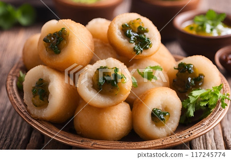 Round fried dim sum stuffed with vegetables and herbs, Appetizing and delicious golden crispy bites offer a flavorful blend of fresh ingredients, perfect for snacking or appetizers. AI Generated 117245774