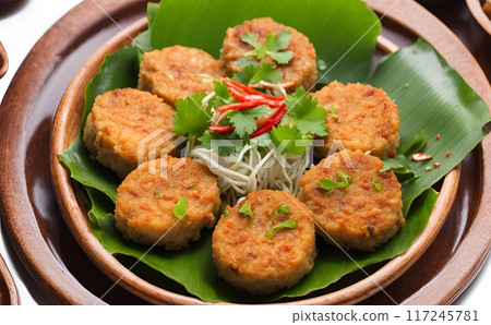 Spicy fish cake, A savory aromatic seafood patty mixed with spices fried to crispy perfection and elegantly served on a fresh green bamboo leaf for added presentation. AI Generated 117245781