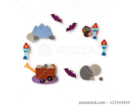 Colored construction paper illustration craft: bats, bonfires, and minecart frames Colored construction paper illustration craft: bats, bonfires, and minecart frames 117245933