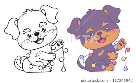 Cute coloring book. Happy dog Rottweiler with festive garland. Holiday cartoon kawaii character animal. Color and line drawing. Vector illustration. Kids collection. Isolated funny puppy 117245943