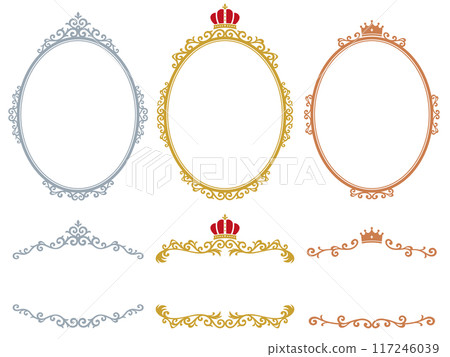 Set of gold, silver and copper western-style oval frames and heading decorations with crowns 117246039