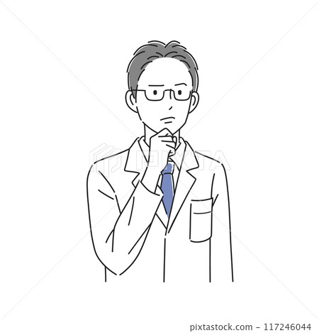 A male doctor in a white coat with a troubled expression A male doctor in a white coat with a troubled expression 117246044