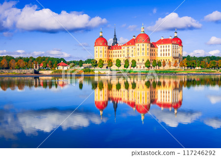 Morotzburg, Germany. Beautiful Baroque Palace surrounded by a lake, autumn in Saxony, Europe. Morotzburg, Germany. Beautiful Baroque Palace surrounded by a lake, autumn in Saxony, Europe. 117246292