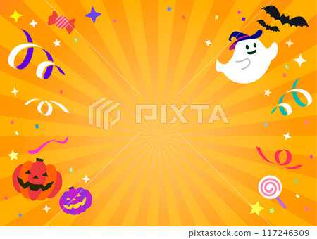 Vector illustration of an orange concentrated line background for Halloween with ghosts and jack-o'-lanterns popping out 117246309