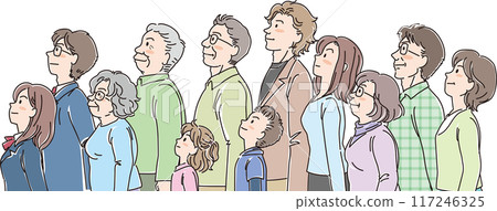 People of various ages _ sideways _ looking up _ 12 people lined up in a row People of various ages _ sideways _ looking up _ 12 people lined up in a row 117246325