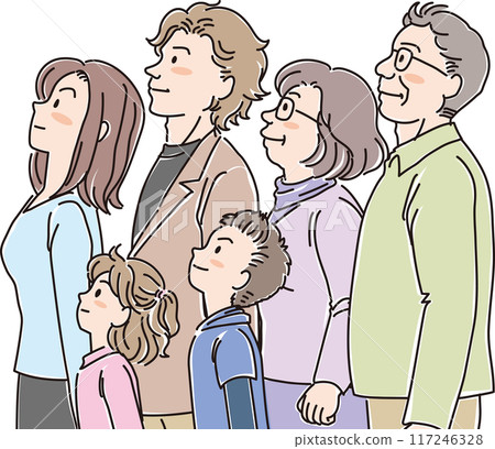 People of various ages_sideways_looking up_three generations, six-person family_elementary school students_parents_grandparents 117246328