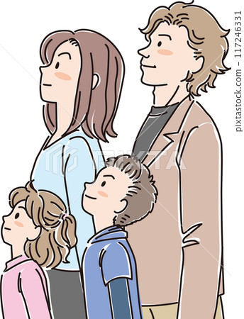 People of various ages_sideways_looking up_four-person family_elementary school students_parents People of various ages_sideways_looking up_four-person family_elementary school students_parents 117246331