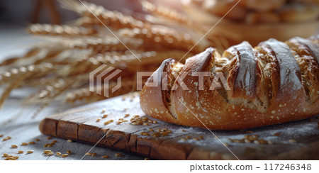 Freshly baked rustic bread with sesame seeds on wooden cutting board with wheat stalks in background. Close up food photography with blurred background. Ai generation Freshly baked rustic bread with sesame seeds on wooden cutting board with wheat stalks in background. Close up food photography with blurred background. Ai generation 117246348